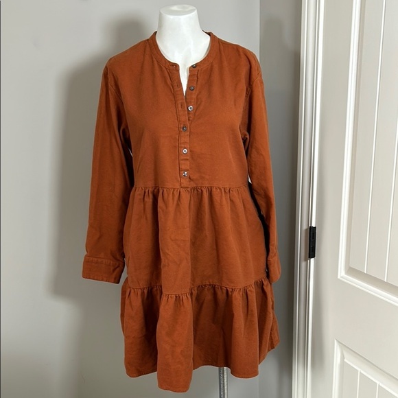 Madewell Flannel Button Placket Tiered Mini Dress Rust Orange Ruffled Dress Sz M - Picture 4 of 14